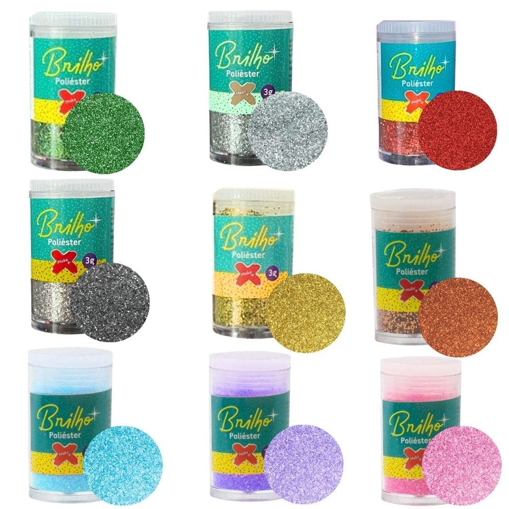 Kit 09 Potes de Glitter Escolar PVC Metálico Brilho Poliéster Pote 3g Make+ | Purpurina | Brilho em Pó | Neon | Unhas