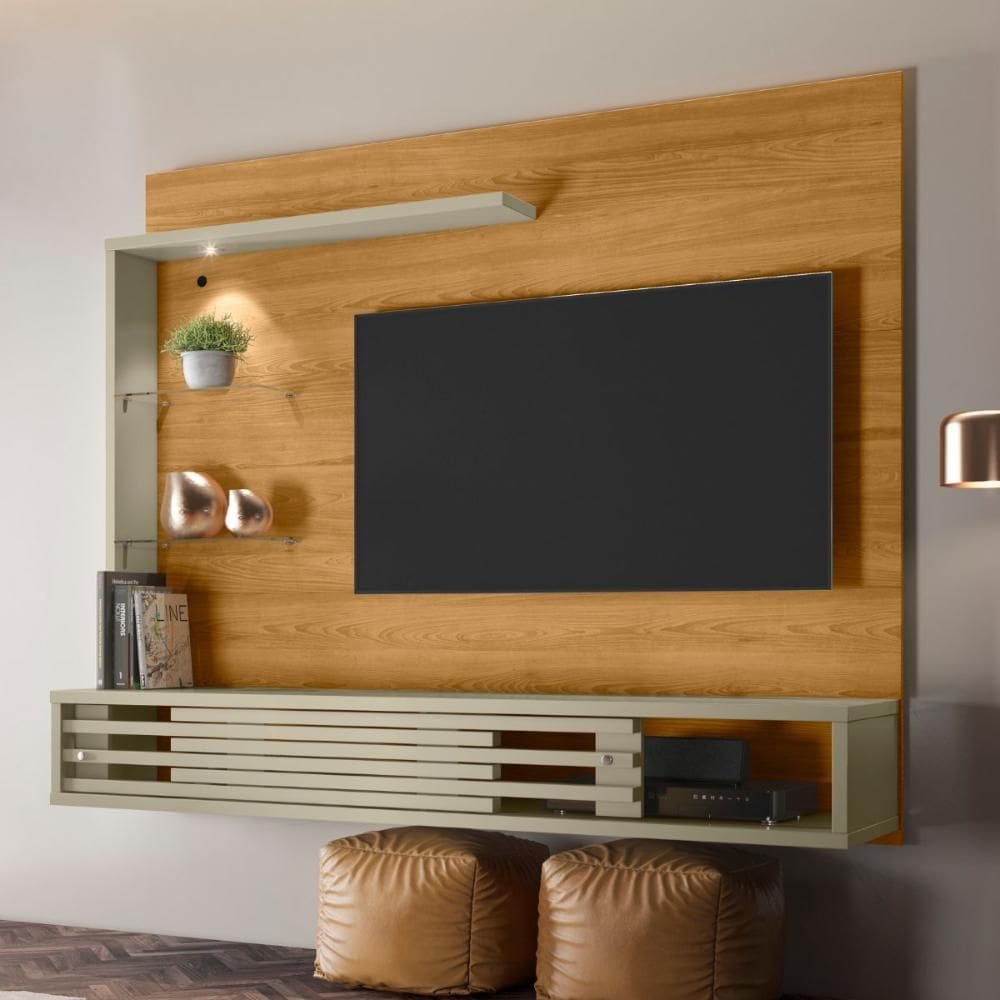 Home Para TV Com LED Porta Deslizante Cumaru Opala
