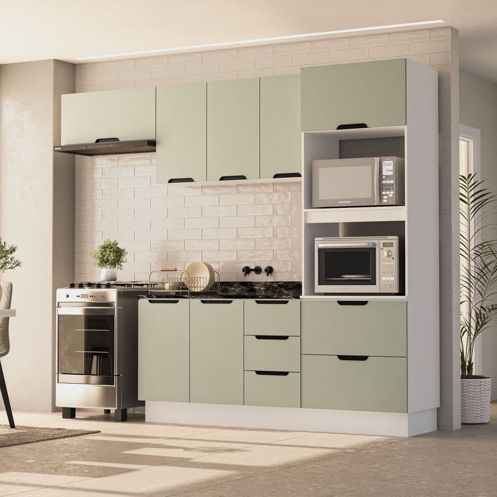 Cozinha 4 Peças Balcão 3 Gavetas 2 Portas Aéreo Basculante Torre Quente sem Tampo Meena Branco/Verde/Preto