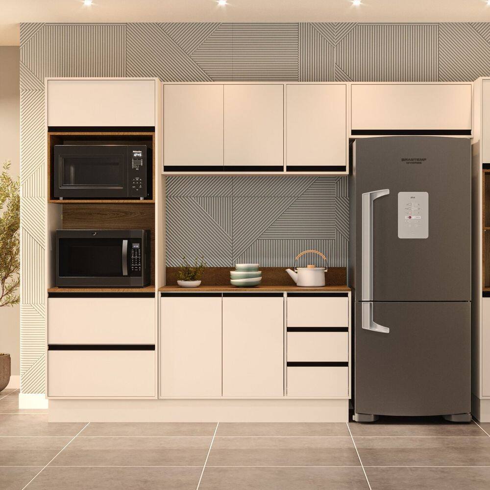 Cozinha 5 Peças Balcão 3 Gavetas 2 Portas Aéreo Paneleiro Torre Quente Com Tampo Koya Branco/Creme