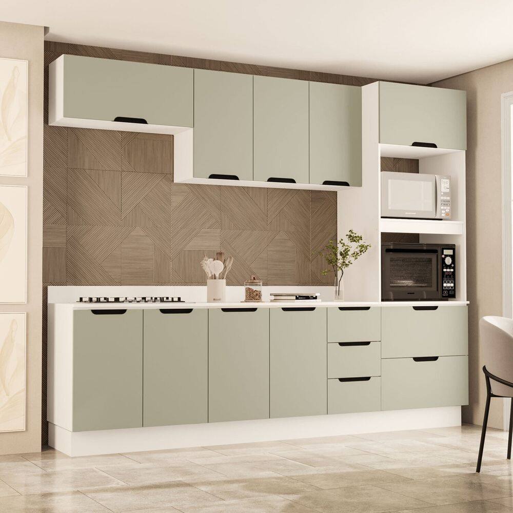 Cozinha 5 Peças Balcão 3 Gavetas 4 Portas Aéreo Basculante Torre Quente com Tampo Meena Branco/Verde