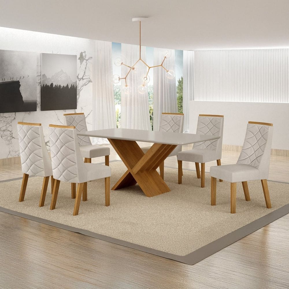 Conjunto Sala de Jantar Mesa 180cm Tampo de 2,5cm com 6 Cadeiras Aurora Cinamomo/Off White/Palha