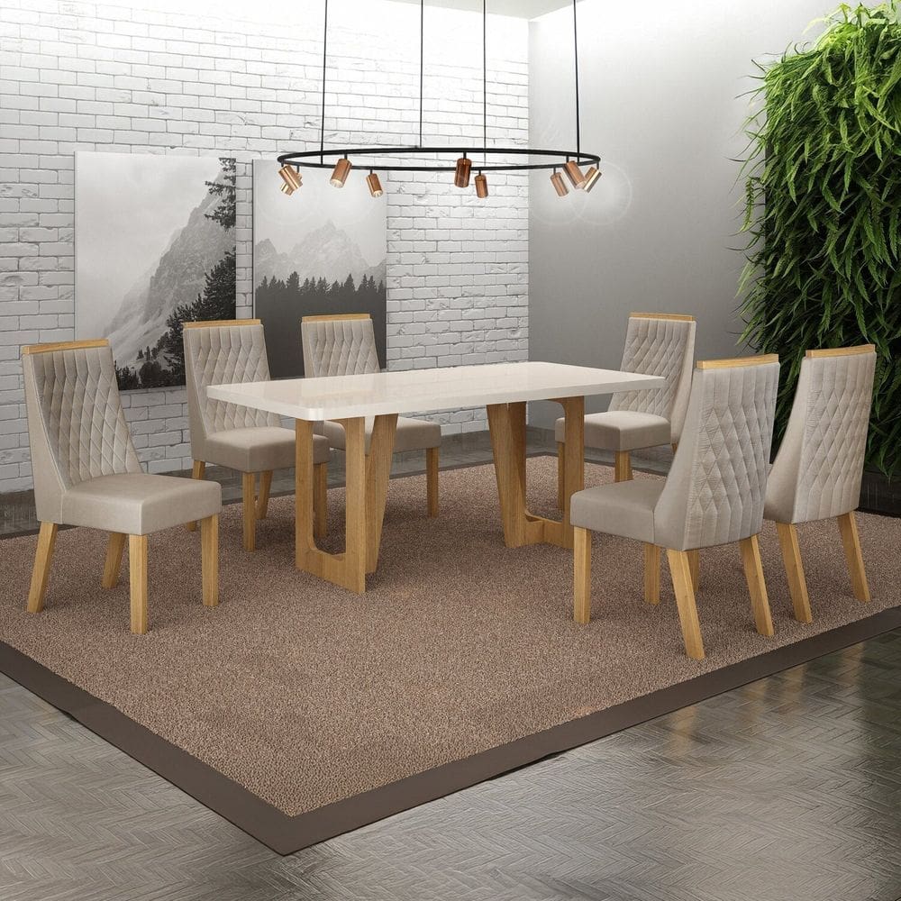 Conjunto Sala de Jantar Mesa 180cm Tampo de 4,0cm com 6 Cadeiras Luna Cinamomo/Off White/Palha