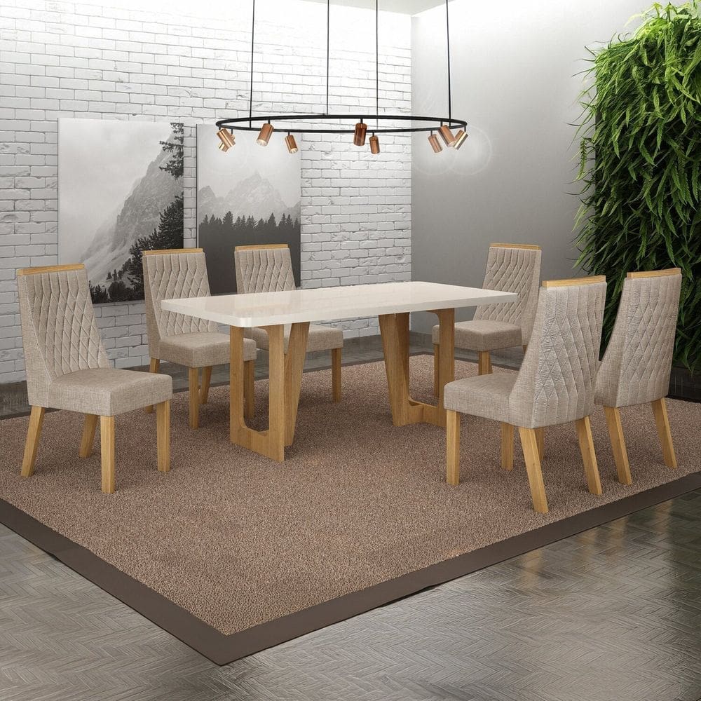 Conjunto Sala de Jantar Mesa 180cm Tampo de 4,0cm com 6 Cadeiras Luna Cinamomo/Off White/Bege Linho