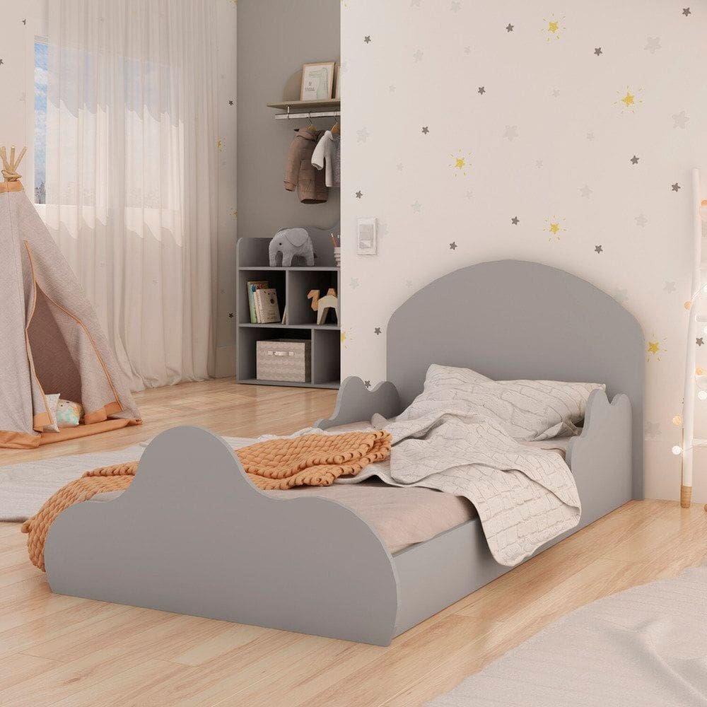 Mini Cama Infantil 100% MDF Montessoriana sem Colchão e Detalhes Orgânicos em Formato de Nuvem Cinza