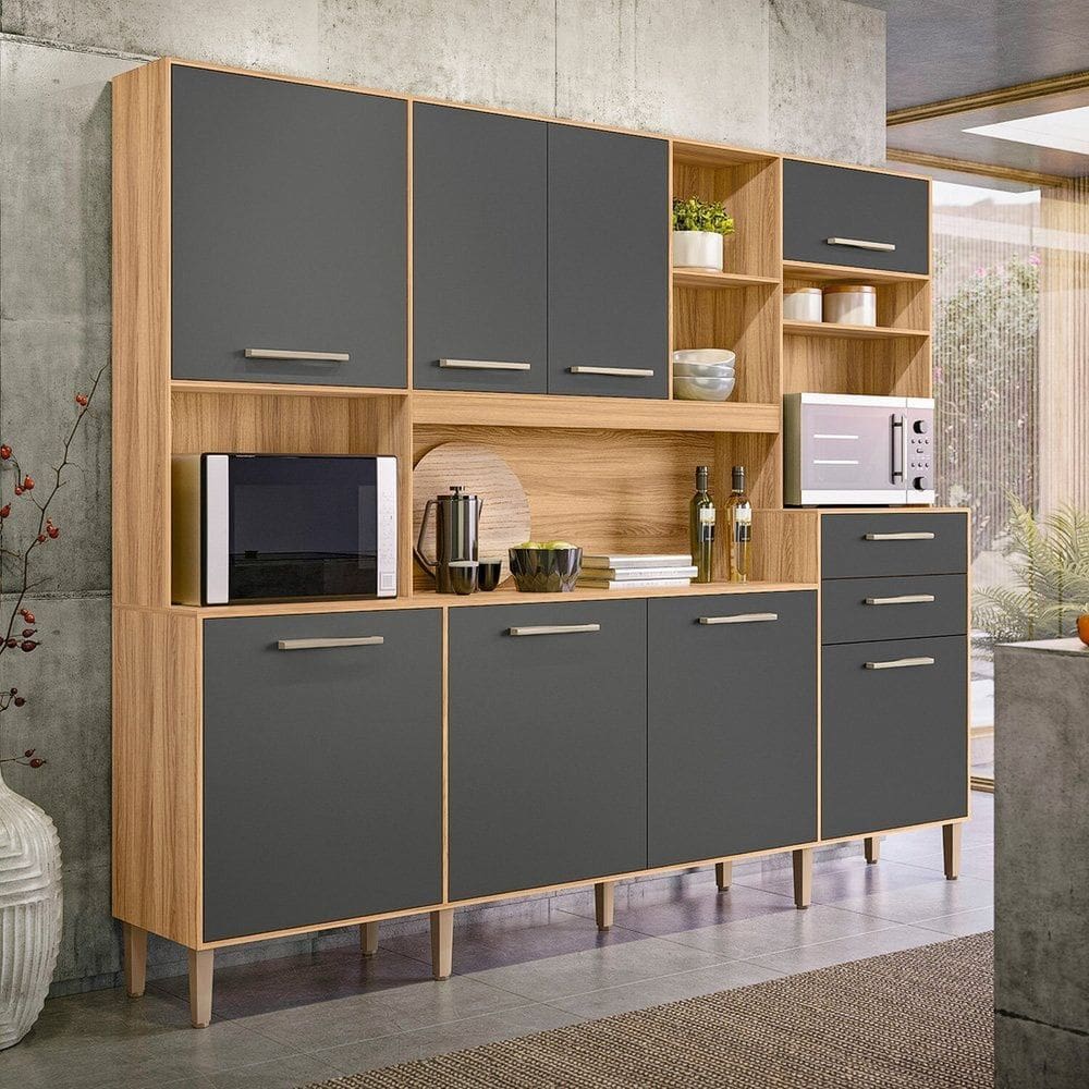 Armário De Cozinha 8 Portas e 2 Gavetas Hortelã Marrom/Cinza