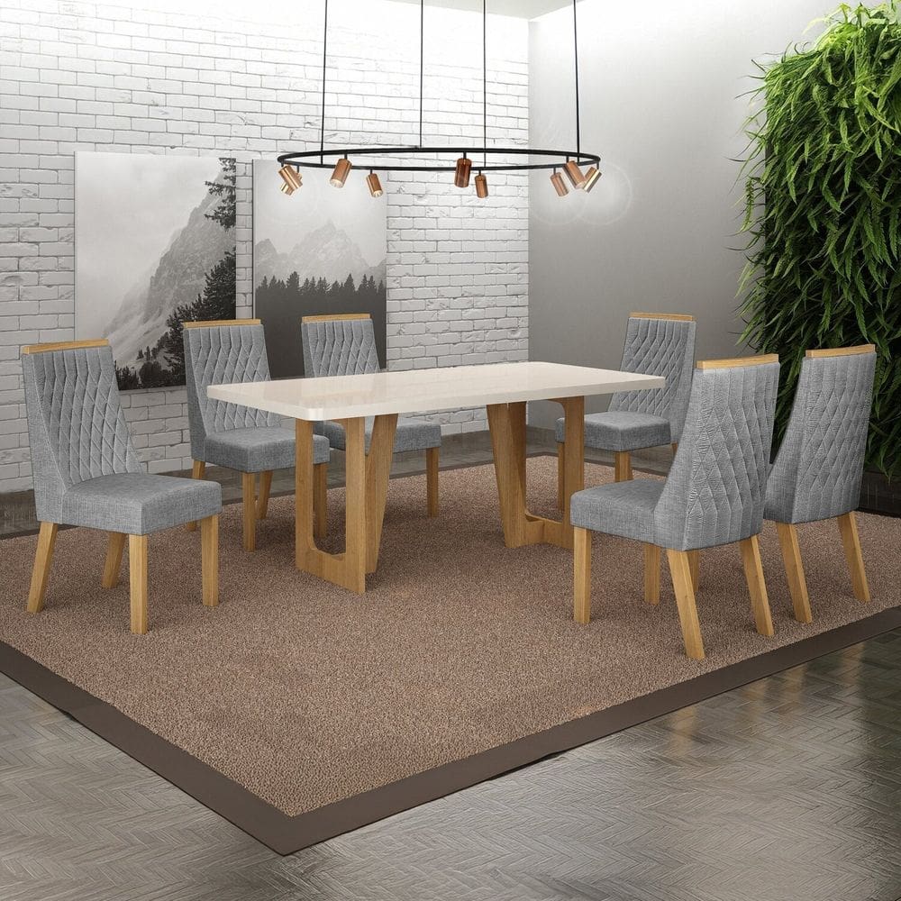 Conjunto Sala de Jantar Mesa 180cm Tampo de 4,0cm com 6 Cadeiras Luna Cinamomo/Off White/Prata Linho