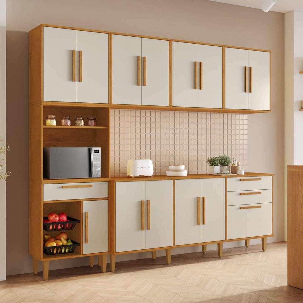 Cozinha Completa 5 Peças 14 Portas 2 Gavetas com Fruteira Lorena Marrom/Off White