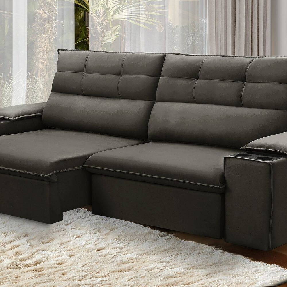 Sofá Retrátil e Reclinável Vannes 2,05m com Porta Copos e Objetos Marrom