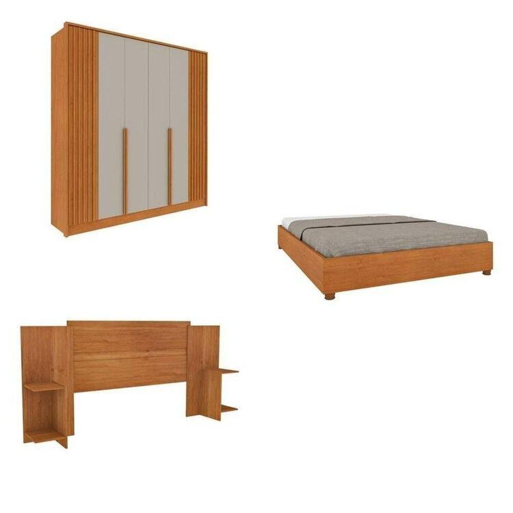 Quarto Casal Guarda-Roupa 6 portas Ripado Nova York e Cama Box Casal Mônaco com Cabeceira Ajustável Cinamomo/Off White