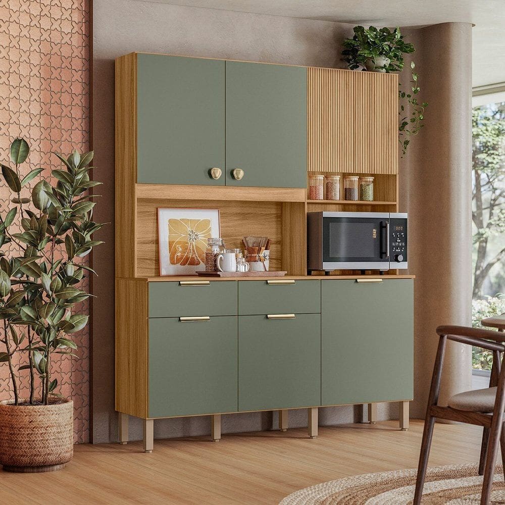 Armário de Cozinha 7 Portas 2 Gavetas Tropical Freijó/ Verde