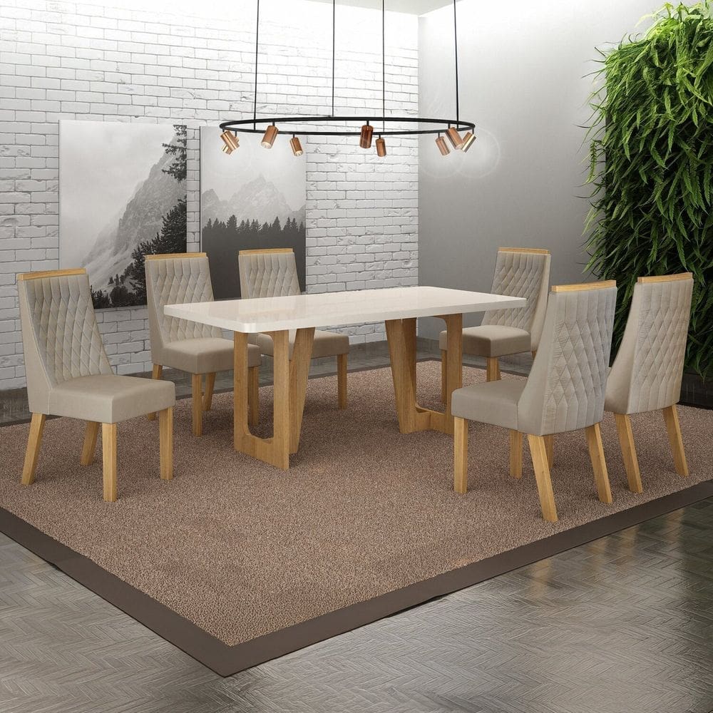 Conjunto Sala de Jantar Mesa 180cm Tampo de 4,0cm com 6 Cadeiras Luna Cinamomo/Off White/Bege
