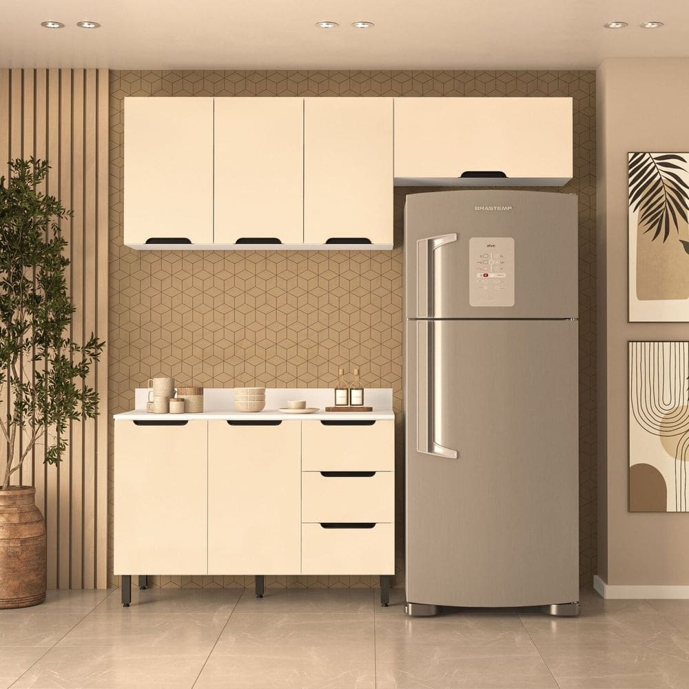 Cozinha 3 Peças Balcão 3 Gavetas 2 Portas Aéreo e Basculante com Tampo Meena Branco/Creme