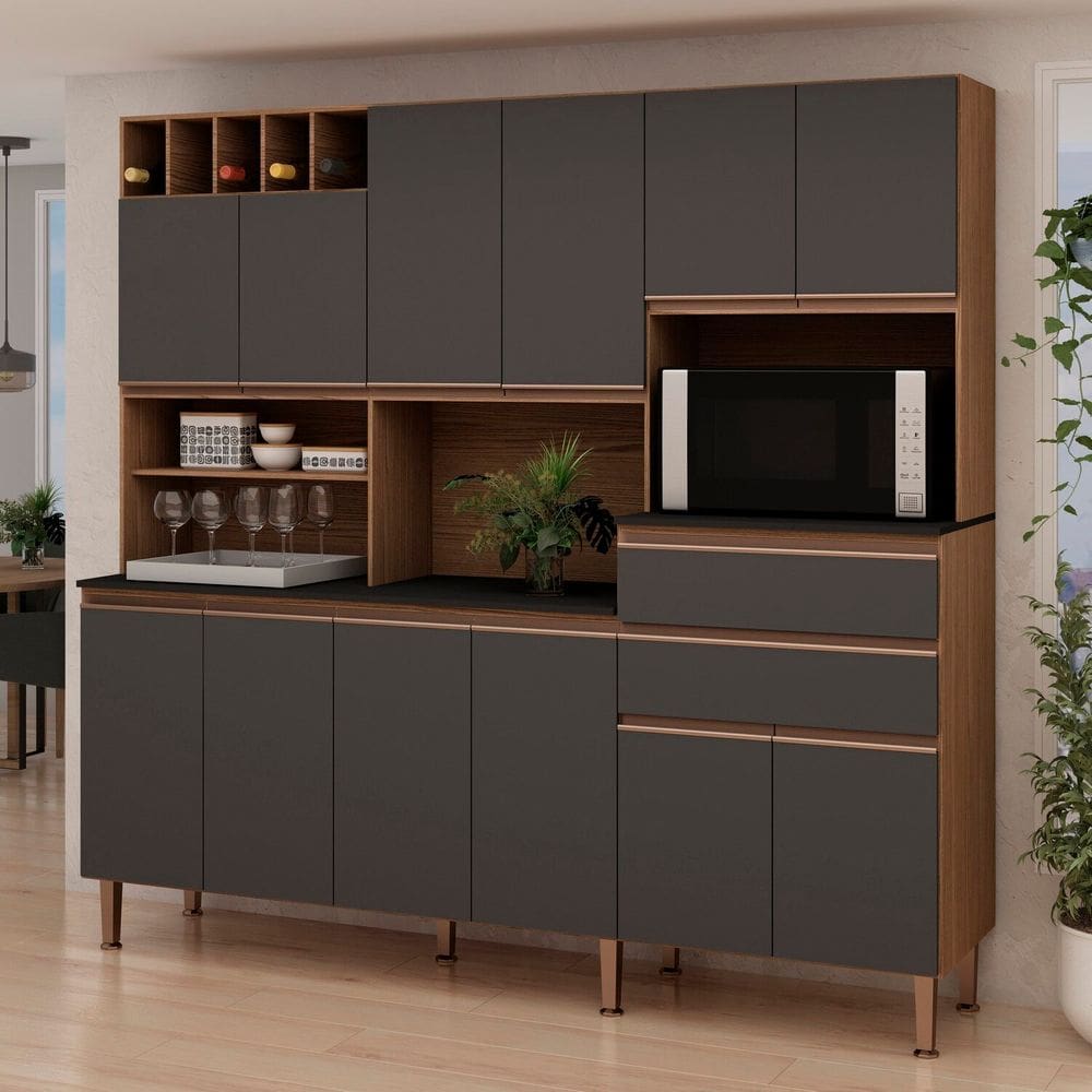 Cozinha Compacta Malbec 12 Portas 100% MDF com Tampo Ébano/Grafite Belga