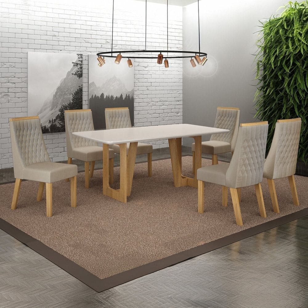 Conjunto Sala de Jantar Mesa 180cm Tampo de 2,5cm com 6 Cadeiras Luna Cinamomo/Off White/Bege