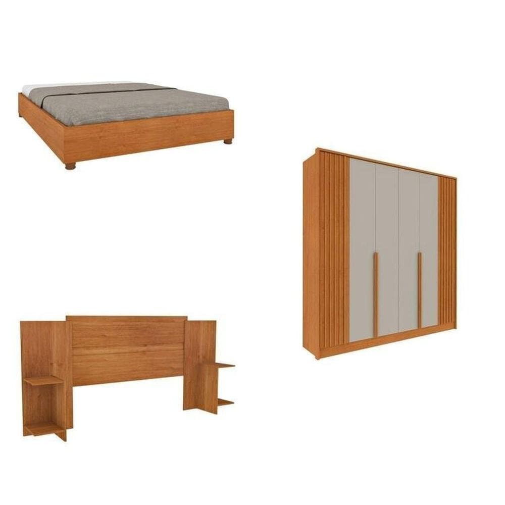 Quarto Casal Guarda-Roupa 6 portas Ripado Nova York e Cama Box Casal Mônaco com Cabeceira Ajustável Cinamomo/Off White