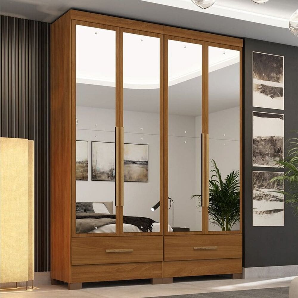 Quarto Modulado 2 Peças 4 Portas 2 Gavetas com Espelhos Smart Plus Espresso Móveis Cinamomo