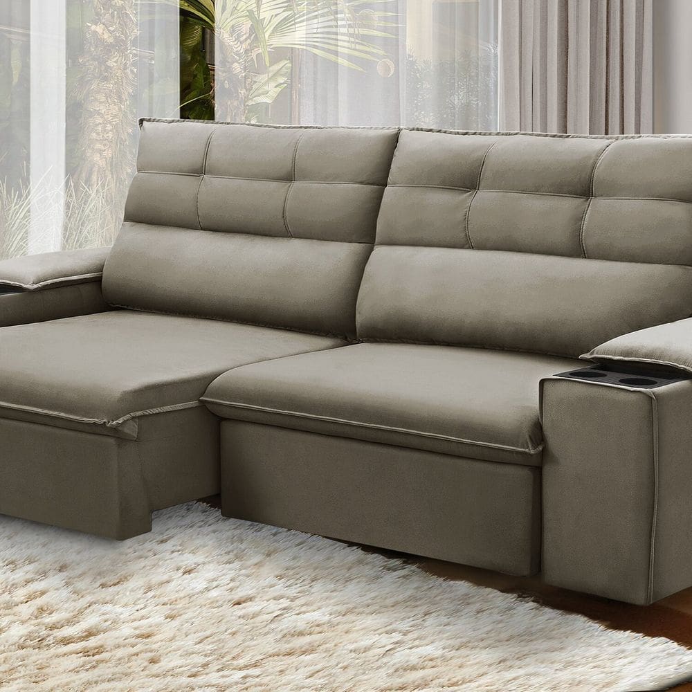Sofá Retrátil e Reclinável Vannes 225cm com Porta Copos e Objetos Castor