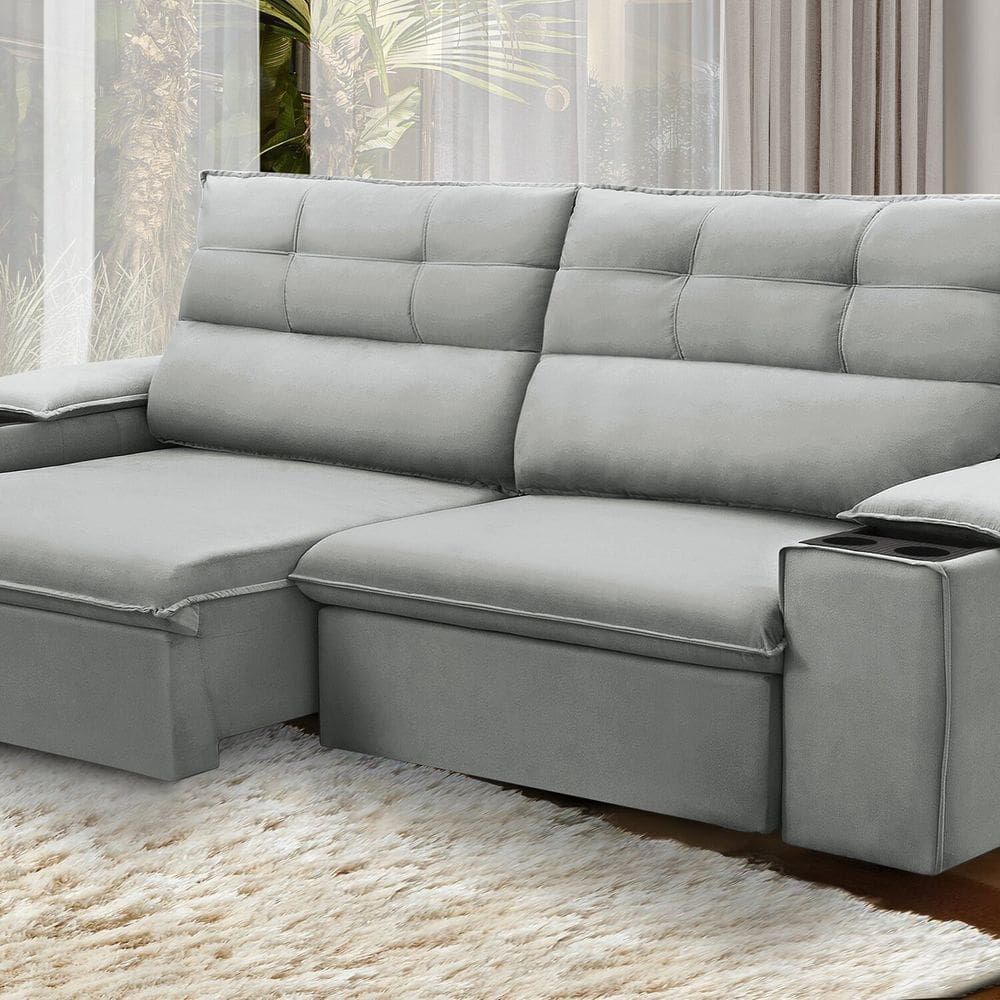 Sofá Retrátil e Reclinável Vannes 2,25cm com Porta Copos e Objetos Prata