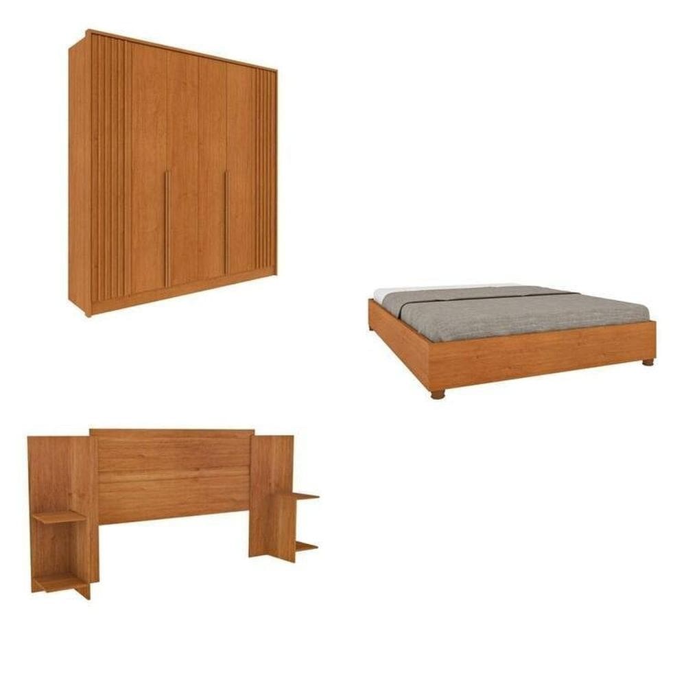 Quarto Casal Guarda-Roupa 6 portas Ripado Nova York e Cama Box Queen Mônaco com Cabeceira Ajustável Cinamomo
