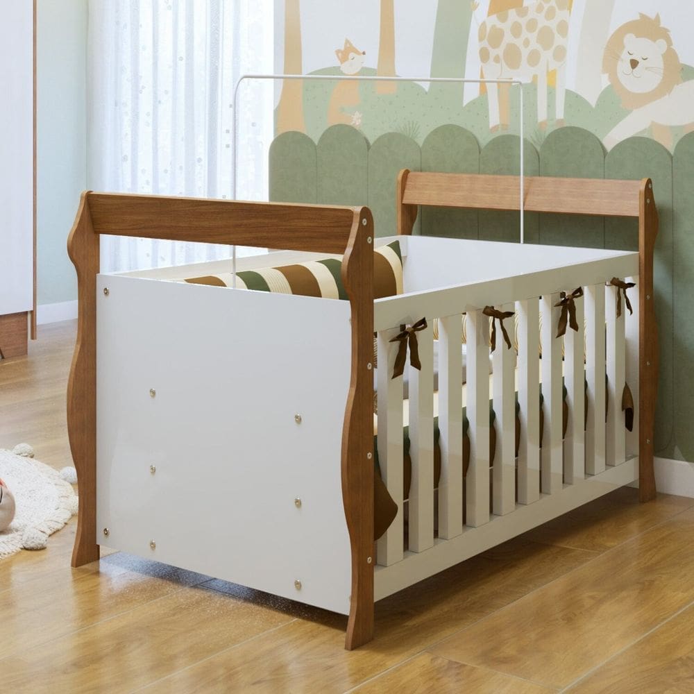 Berço 3 em 1 com Regulagem de Altura 100% MDF Star Branco/Amadeirado