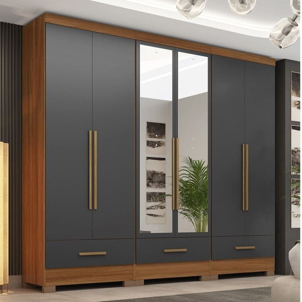 Quarto Modulado 3 Peças 6 Portas 3 Gavetas com Espelhos Smart Plus Cinamomo/Cinza