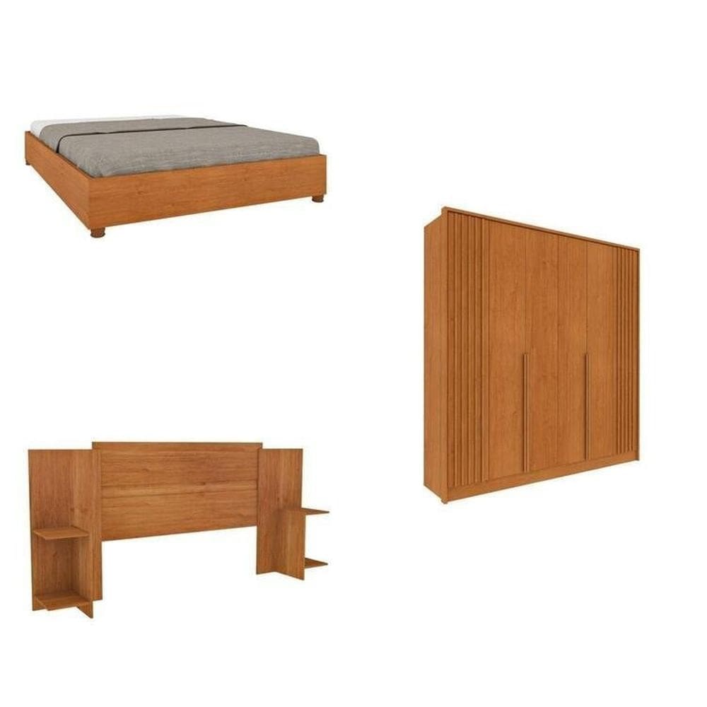 Quarto Casal Guarda-Roupa 6 portas Ripado Nova York e Cama Box Casal Mônaco com Cabeceira Ajustável Cinamomo