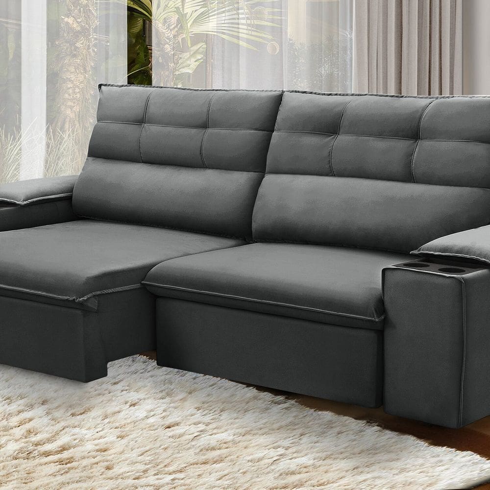 Sofá Retrátil e Reclinável Vannes 2,05m com Porta Copos e Objetos Grafite