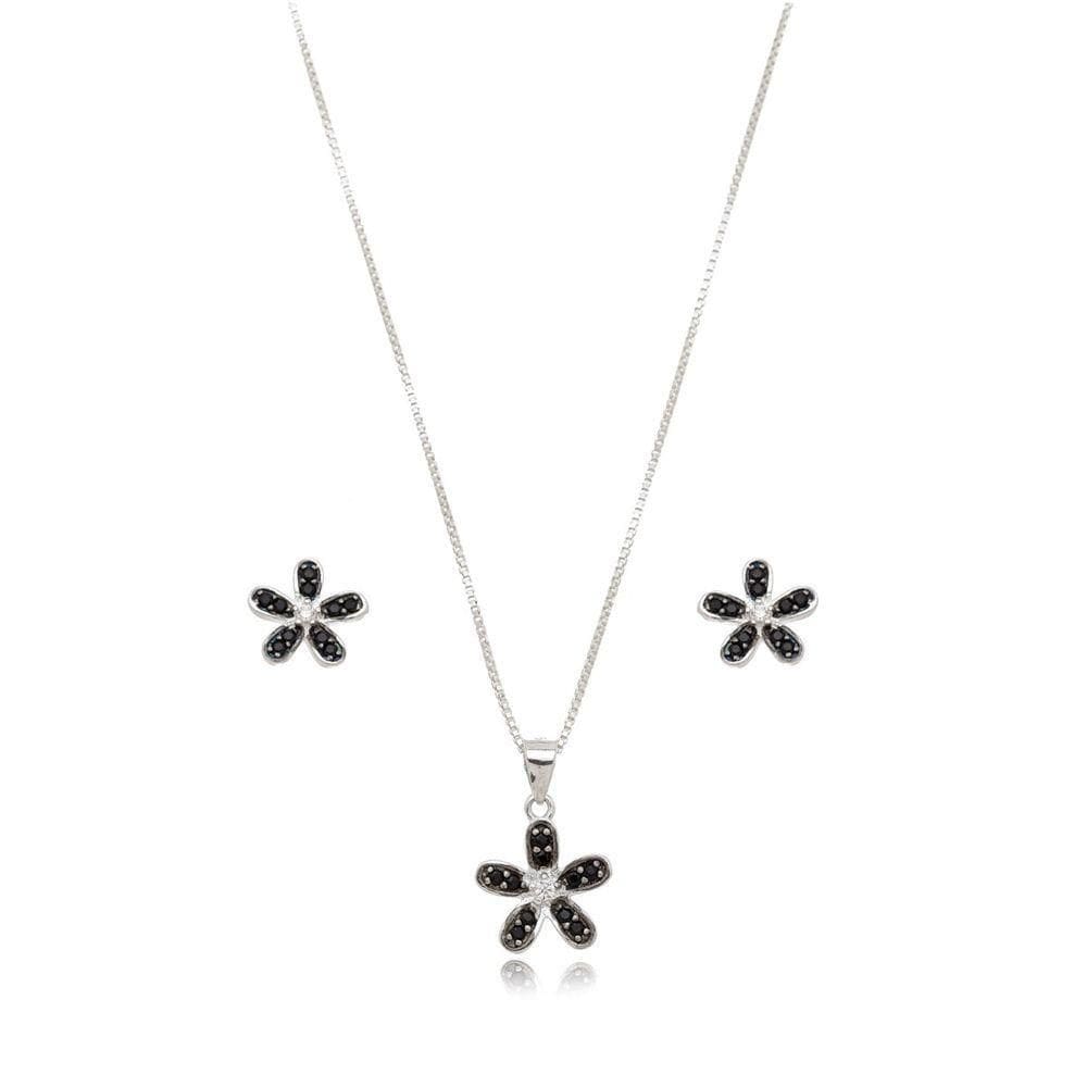 Conjunto Colar E Brincos Flor Zircônio Negra Prata 925