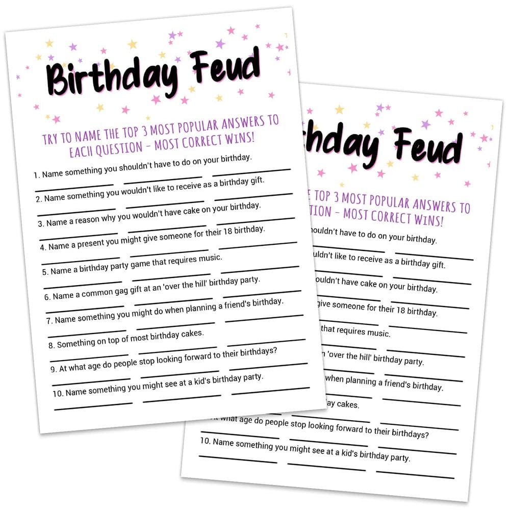Cartões de jogo Birthday Feud Sirjiera para festa de aniversário de adultos