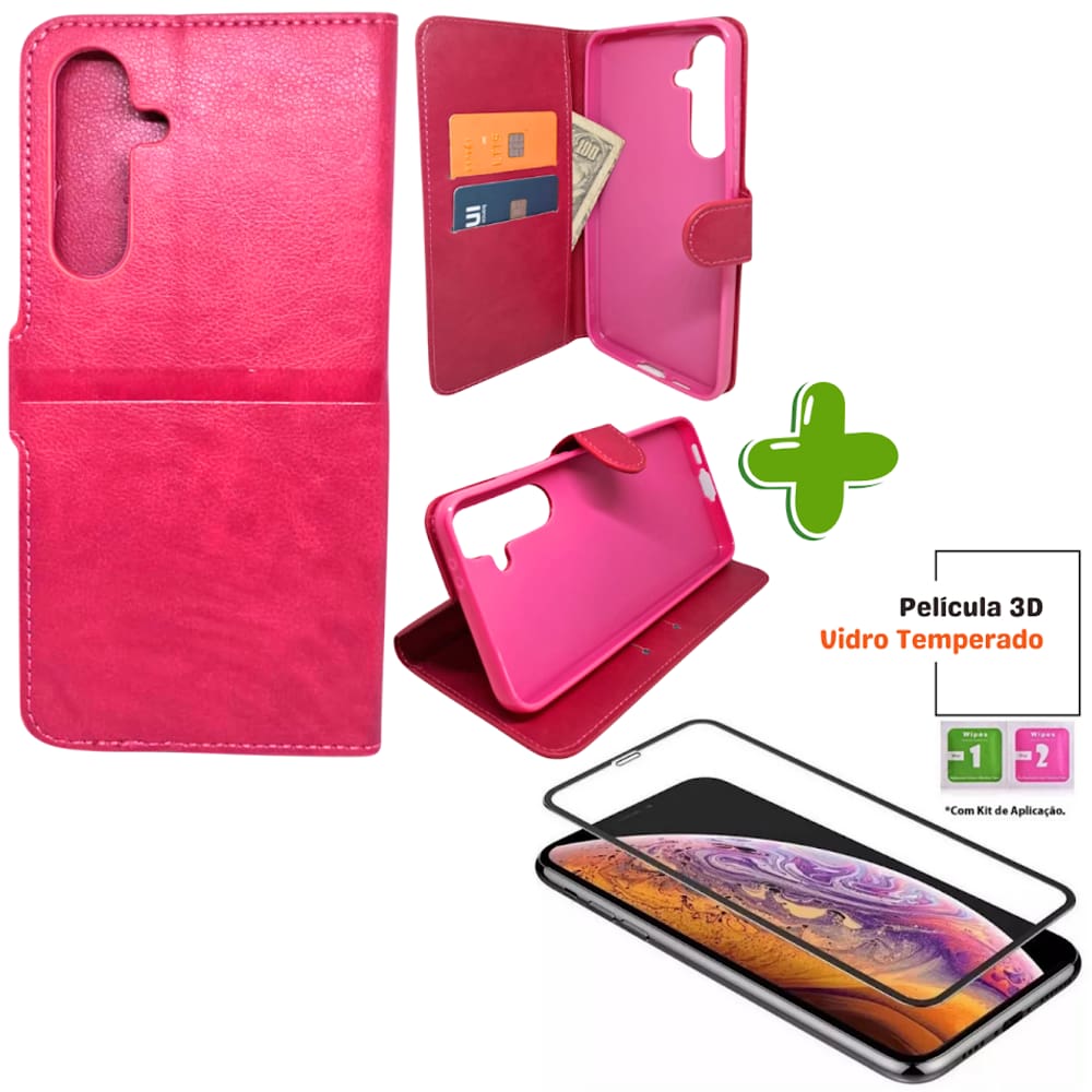 Kit Capa Carteira Compatível c/ Samsung S24 FE + Película 3D