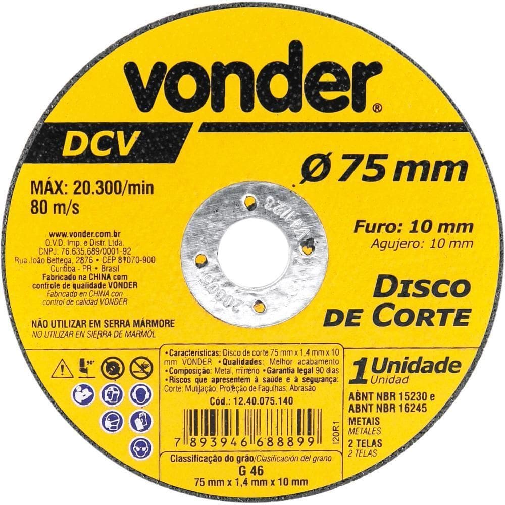 Disco De Corte 75 Mm X 1,4 Mm X 10 Mm Vonder