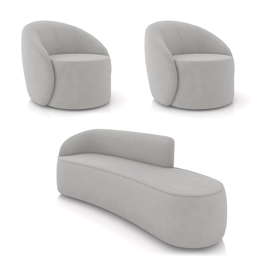 Sofá 4 Lugares Orgânico 220cm Morgan e 2 Poltronas Lua Suede Cinza D03 - D`Rossi