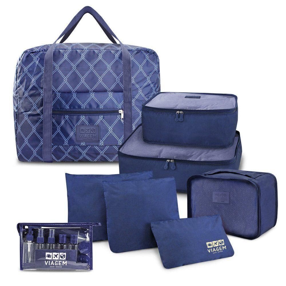 Kit Organizador De Malas 6 Peças + Bolsa Dobrável + Frascos De Viagem 10 Peças Azul
