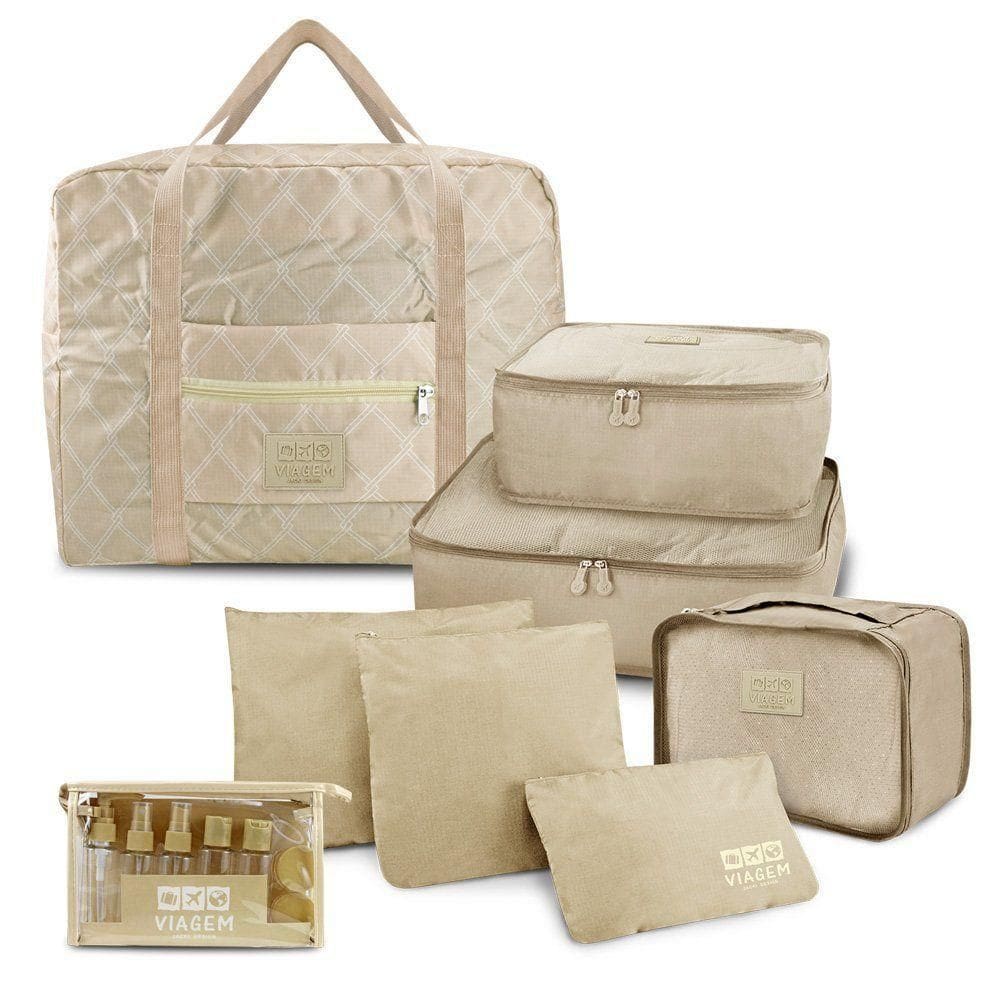 Kit Organizador De Malas 6 Peças + Bolsa Dobrável + Frascos De Viagem 10 Peças Bege
