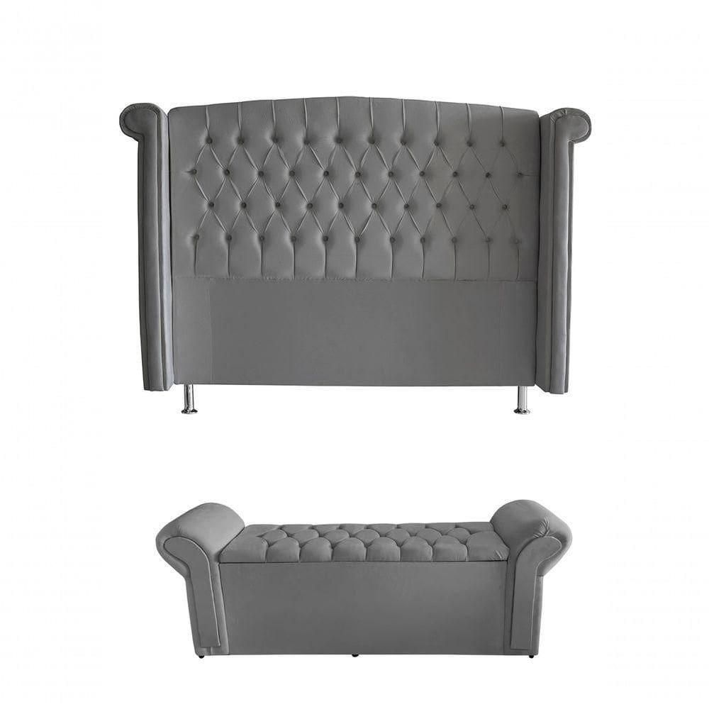 Kit Realeza Cabeceira De Cama Box E Calçadeira Baú Casal 140 Cm Suede Prata Eli Móveis