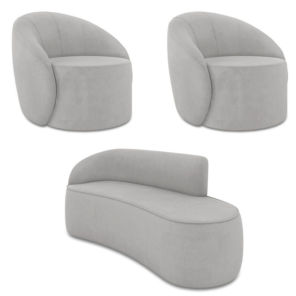 Sofá 3 Lugares Orgânico 180cm Morgan e 2 Poltronas Lua Suede Cinza D03 - D`Rossi