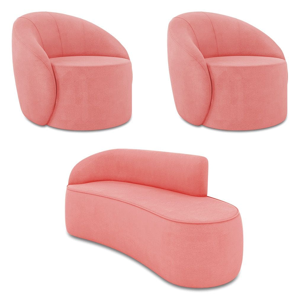 Sofá 3 Lugares Orgânico 180cm Morgan e 2 Poltronas Lua Suede Rosê D03 - D`Rossi