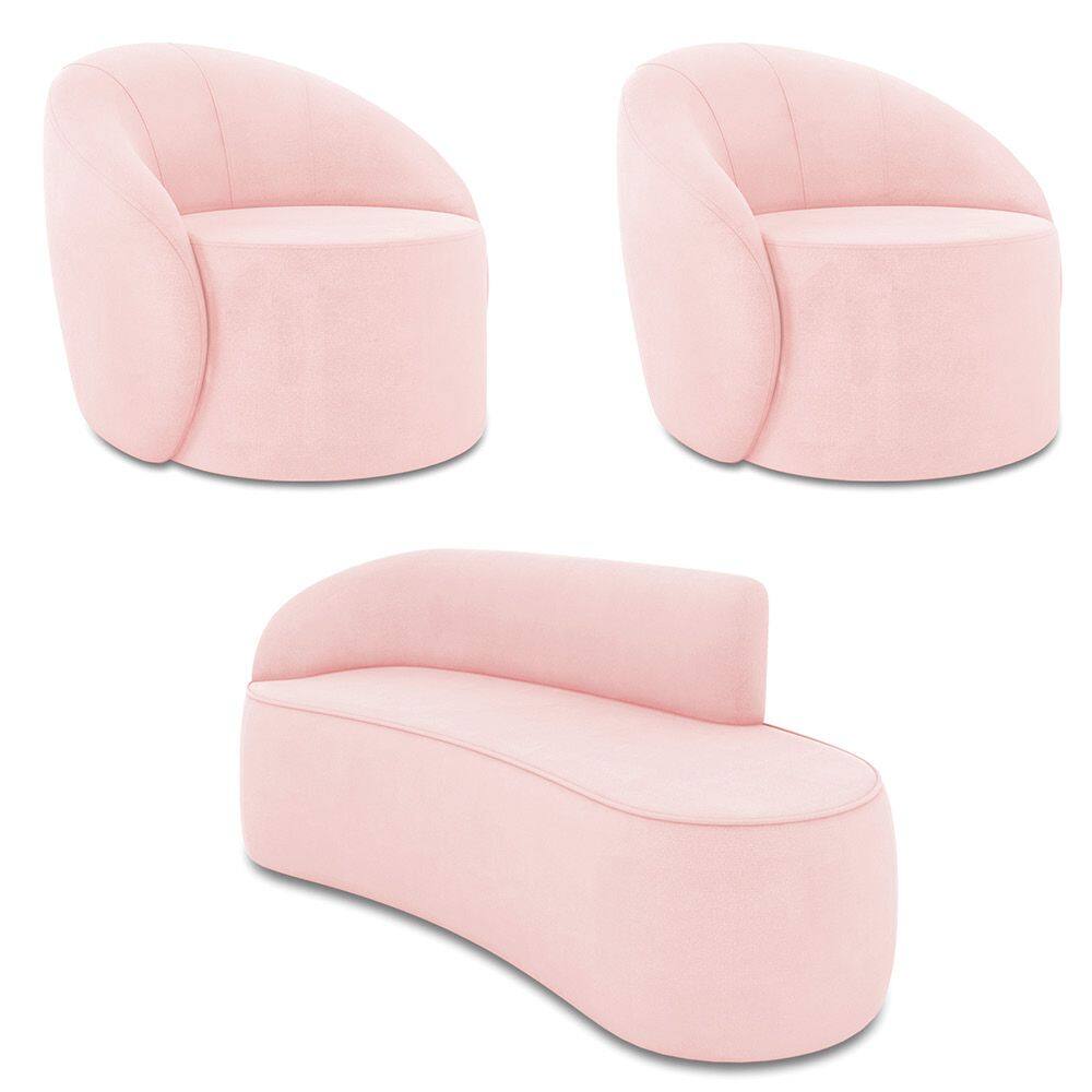 Sofá 3 Lugares Orgânico 180cm Morgan e 2 Poltronas Lua Suede Rosa Bebê D03 - D`Rossi