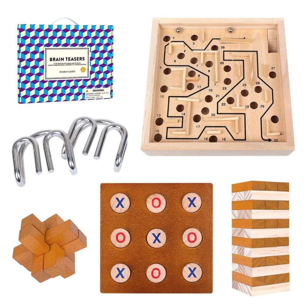 Conjunto de jogos GOTHINK Labyrinth, Tic Tac Toe, Stacking Tower Wood