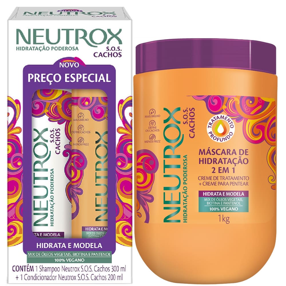 S.O.S Cachos Neutrox Shampoo e Condicionador + Creme de Tratamento 3 em 1