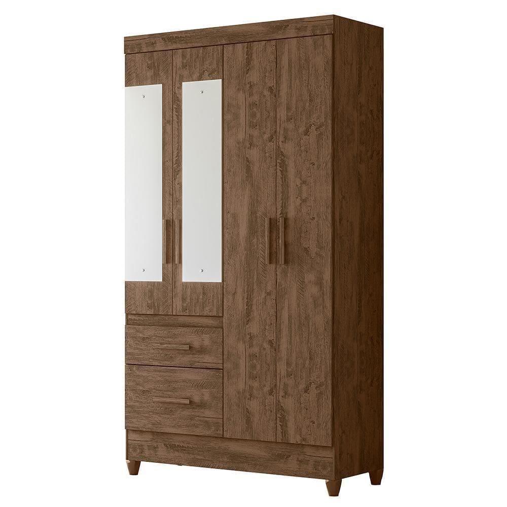 Guarda Roupa Solteiro Madri 4 Portas E 2 Gavetas Castanho Wood Com Espelho Moval Castanho Wood
