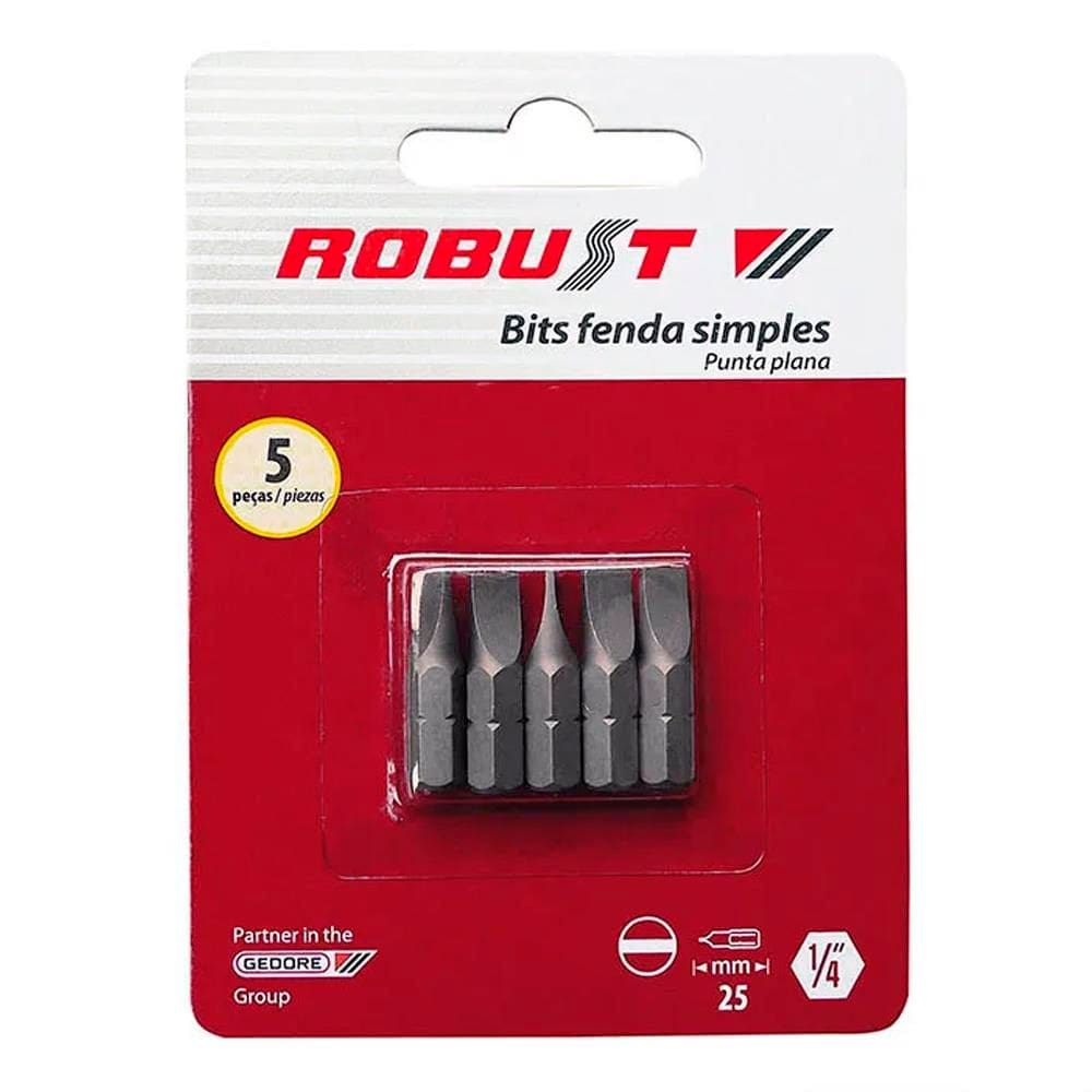 Jogo de Bits de Fenda Simples 6 mm Encaixe de 1/4" com 5 Peças - Robust 061822