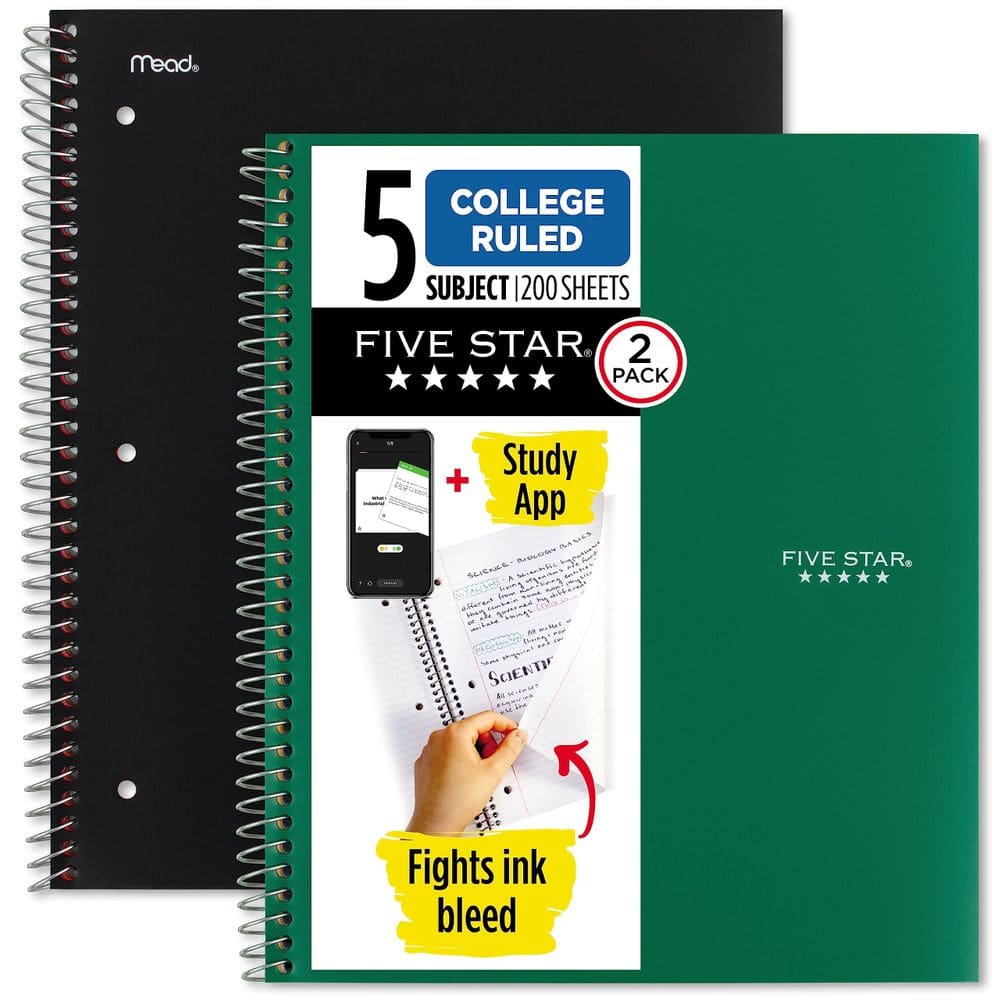 Cadernos espirais Five Star 5 Subject College Ruled, pacote com 2