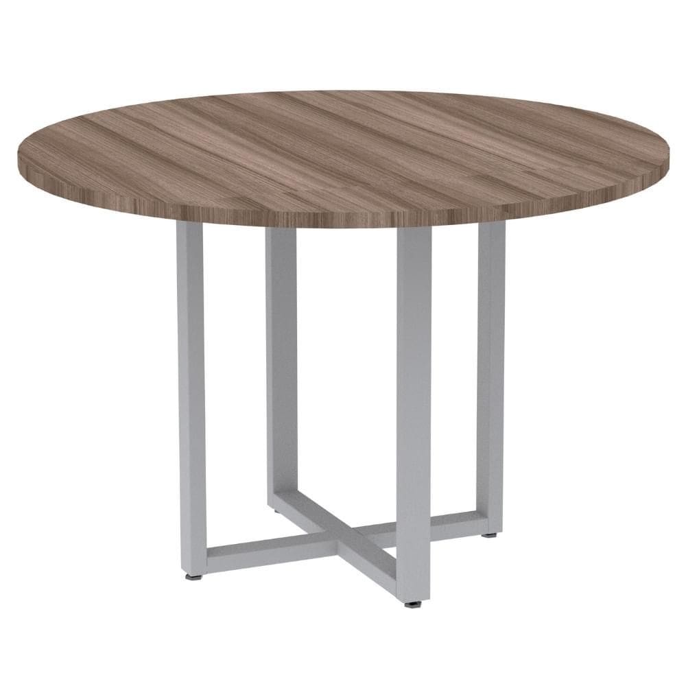 Mesa de Reunião Redonda P25 Pandin 110 cm (Largura) Tampo MDP Walnut Pé Aço Tubular Cinza
