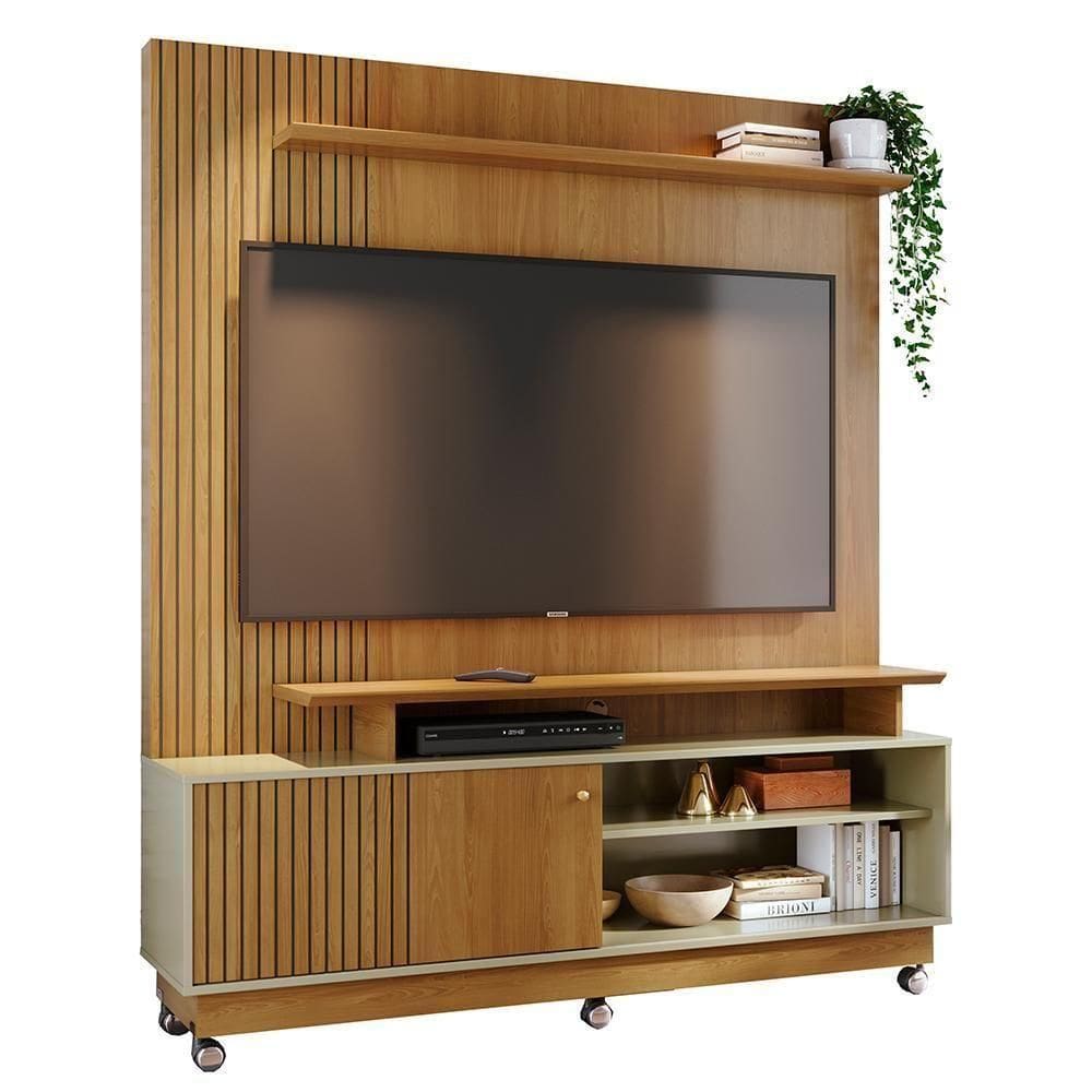 Estante Home Theater Ares Cumaru Opala Para Tv Até 75 Com Rodízios Madetec Cumaru Opala