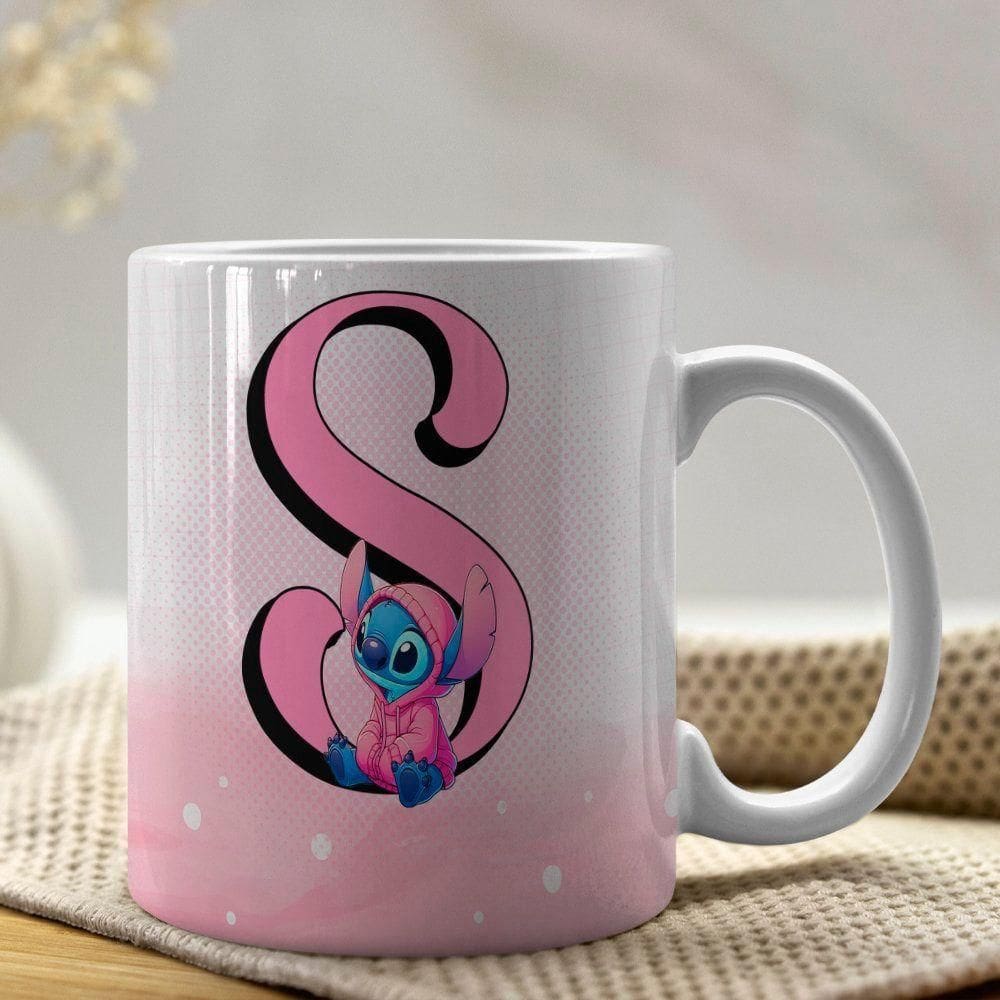 Caneca De Porcelana Stitch Letras A-z 325ml Rosa S