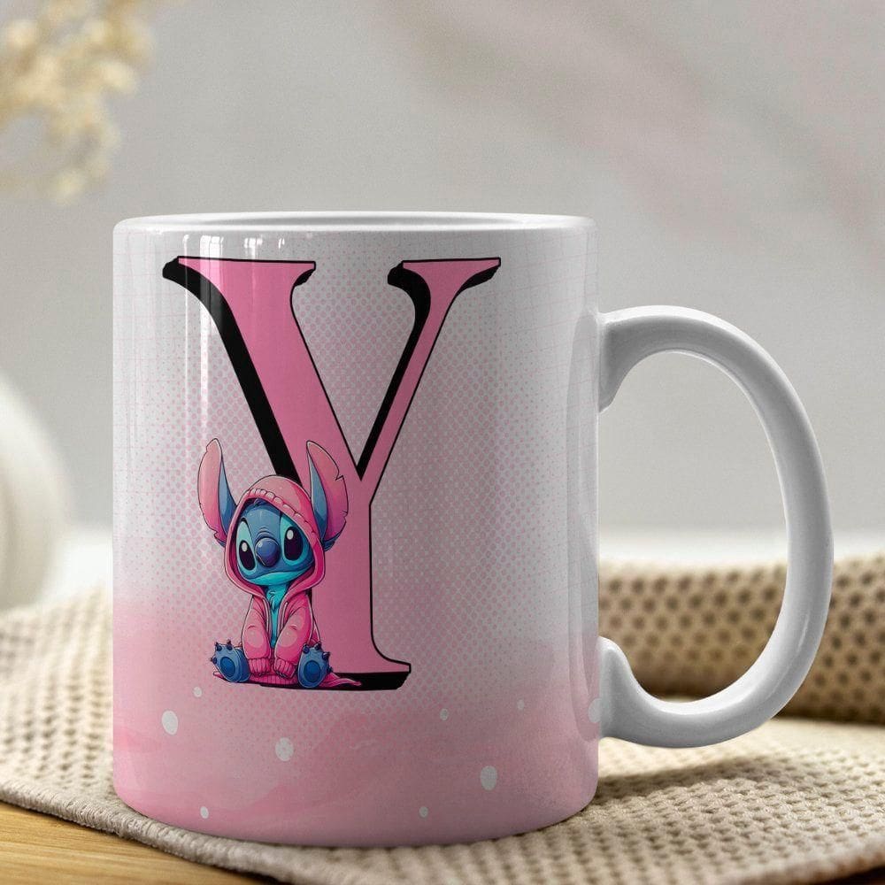 Caneca De Porcelana Stitch Letras A-z 325ml Rosa Y