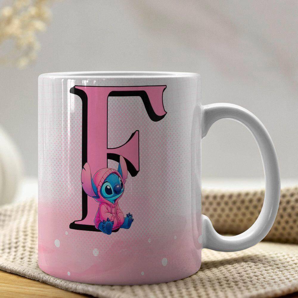 Caneca De Porcelana Stitch Letras A-z 325ml Rosa F