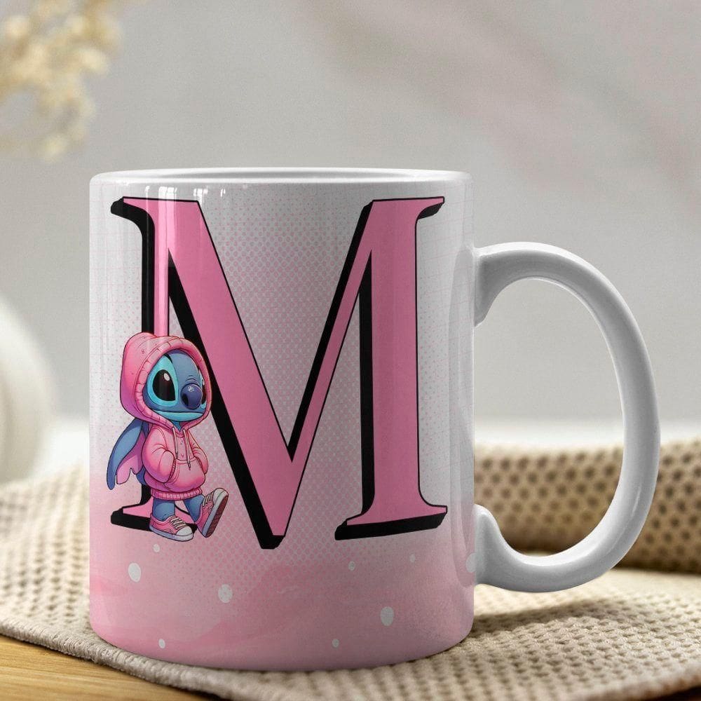 Caneca De Porcelana Stitch Letras A-z 325ml Rosa M